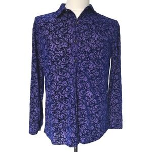 JOGAL Men's Medium Purple Paisley Velvet Burnout Long Sleeve Button‎ Down Shirt